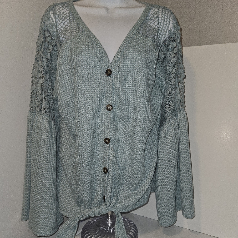 Blue Button-Up Blouse with Lace Sleeves